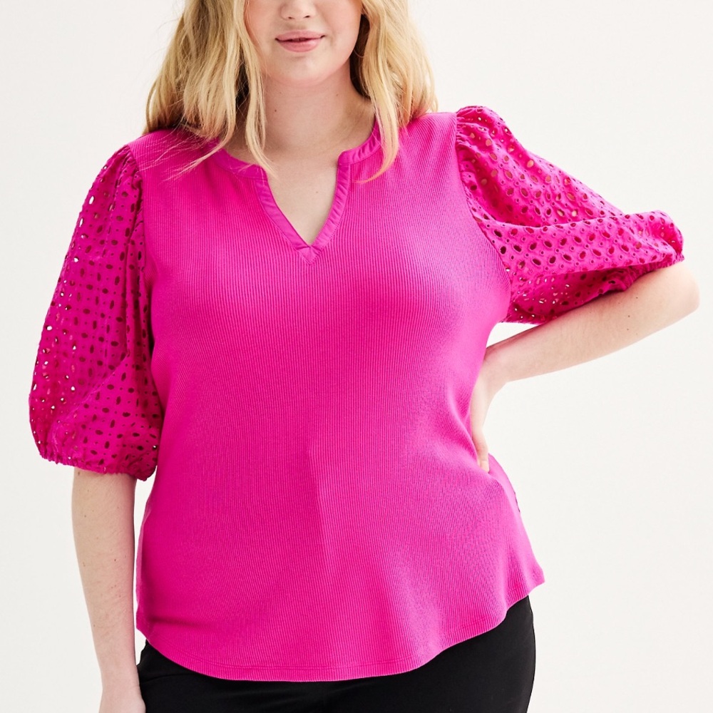 👚Nine West Pink Puff Sleeve Top